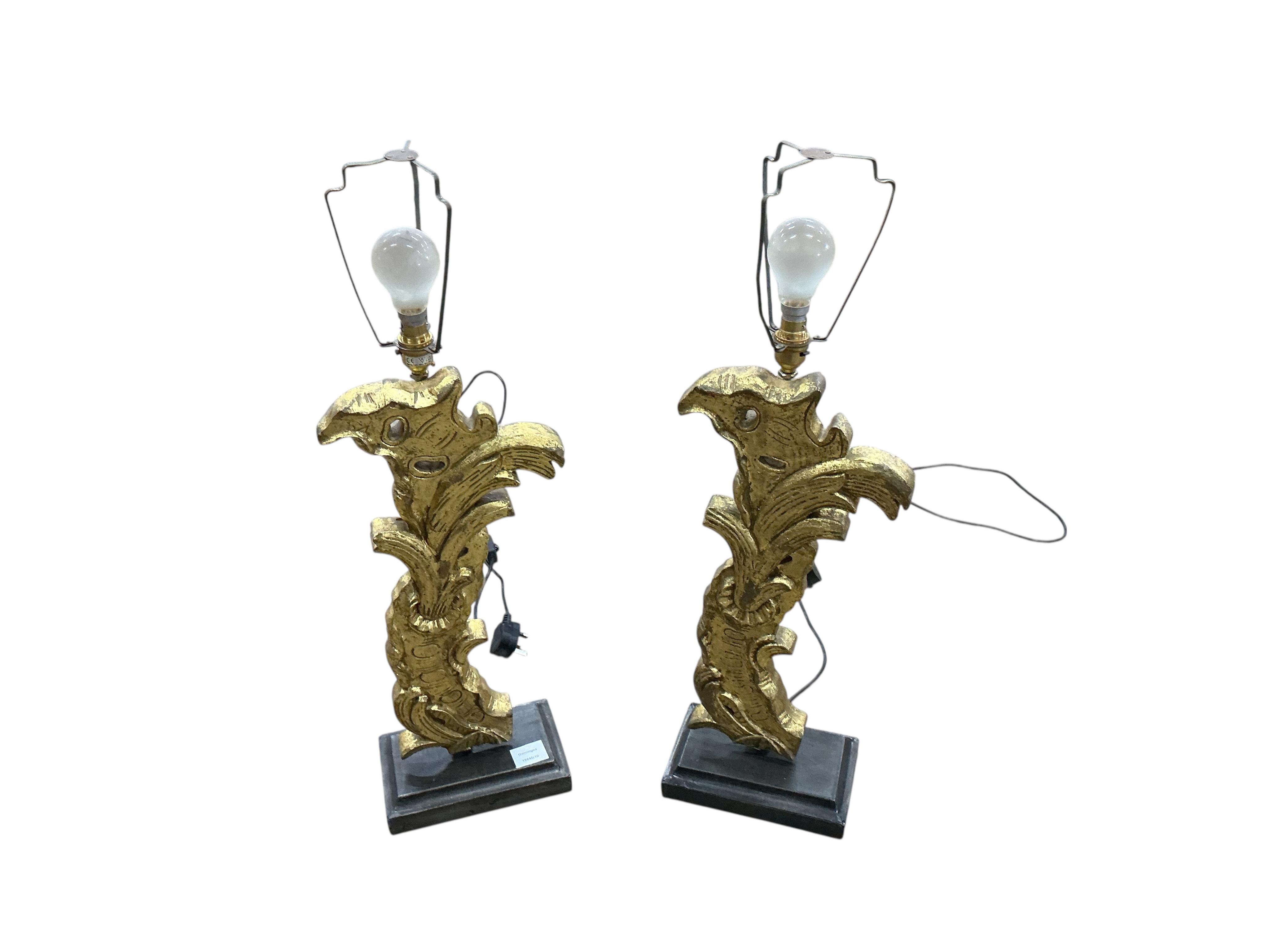 A pair of Contemporary giltwood composition table lamps on metal bases, height including fittings 77cm